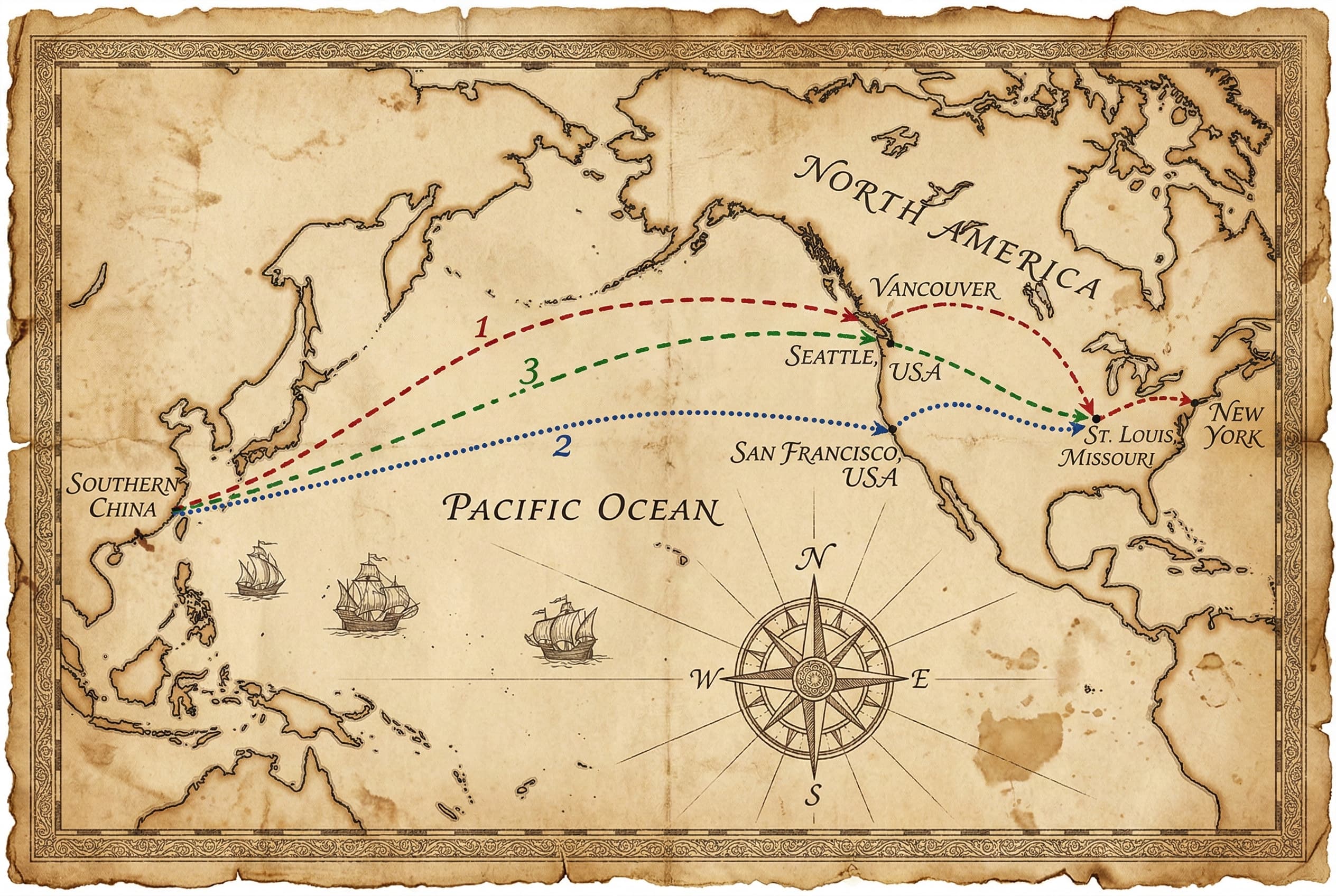 Antique expedition map tracing the journey from Southern China across the Pacific to San Francisco and onward to St. Louis